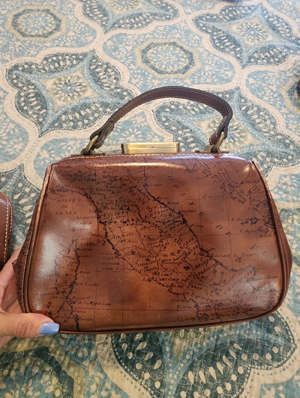 Patricia Nash Vaneto Kiss Lock Brown Map-Print Leather Crossbody Bag - Picture 5 of 14